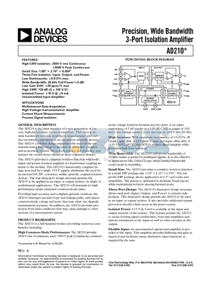 AD210JN datasheet - Precision, Wide Bandwidth 3-Port Isolation Amplifier