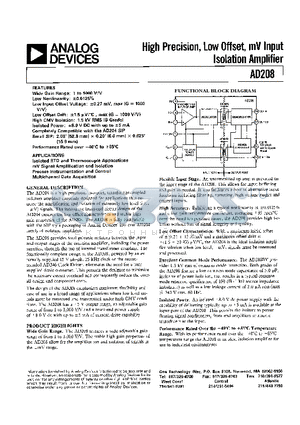 AD208AY datasheet - High Precision, Low Offset, mV Input Isolation Amplifier