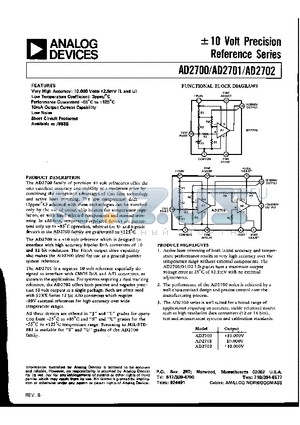 AD2701 datasheet - (-) 10 Volt Precision Reference Series