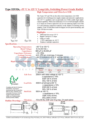 325562U016HJ1 datasheet - Long-Life, Switching Power Grade Radial High Temperature and Ultra-Low ESR