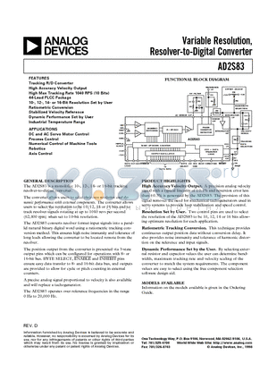 AD2S83 datasheet - Variable Resolution, Resolver-to-Digital Converter
