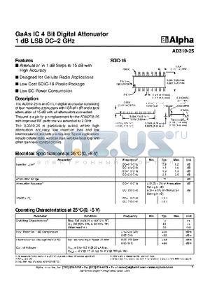 AD310-25 datasheet - GaAs IC Bit Digital Attenuator 1 dB LSB DC-2 GHz