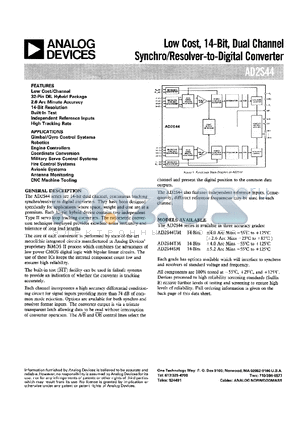 AD2S44TMY3B datasheet - Low Cost, 14-Bit, Dual Channel Synchro/Resolver-to-Digital Converter