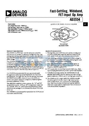 AD3554SM datasheet - FAST-SETTLING, WIDEBAND, FET-INPUT OP AMP