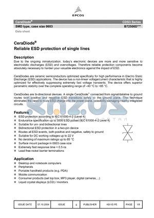 CDS3C15GTA datasheet - CeraDiode Reliable ESD protection of single lines