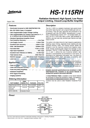 5962F9678501VPA datasheet - Radiation Hardened, High Speed, Low Power Output Limiting, Closed-Loop-Buffer Amplifier