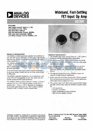 AD380LH datasheet - WIDEBAND, FAST-SETTING FET-INPUT OP AMP