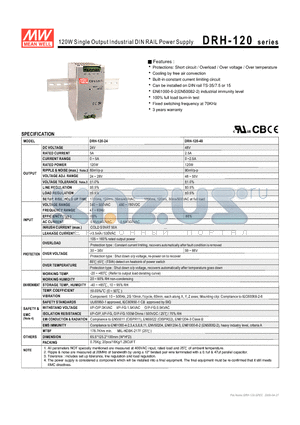 DRH-120-24 datasheet - 120W Single Output Industrial DIN RAIL Power Supply
