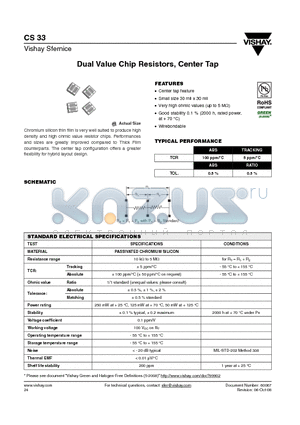 CS33-100KDMD0016 datasheet - Dual Value Chip Resistors, Center Tap