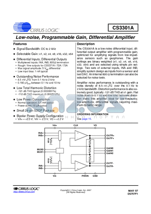 CS3301A-ISZ datasheet - Low-noise, Programmable Gain, Differential Amplifier