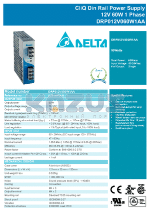 DRP012V060W1AA datasheet - CliQ Din Rail Power Supply 12V 60W 1 Phase