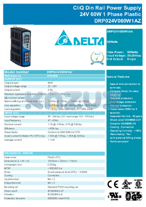 DRP024V060W1AZ datasheet - CliQ Din Rail Power Supply 24V 60W 1 Phase Plastic