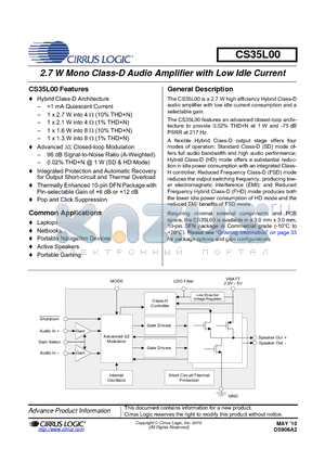 CS35L00 datasheet - 2.7 W Mono Class-D Audio Amplifier with Low Idle Current