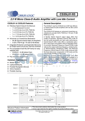 CS35L01 datasheet - 2.9 W Mono Class-D Audio Amplifier with Low Idle Current