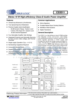 CS3511-CNZR datasheet - Stereo 10 W High-efficiency Class-D Audio Power Amplifier