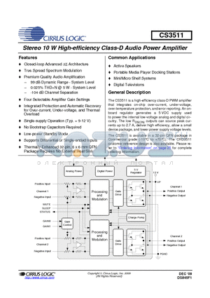 CS3511_0912 datasheet - Stereo 10 W High-efficiency Class-D Audio Power Amplifier