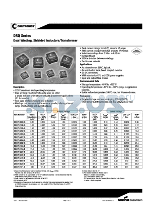 DRQ74-1R0-R datasheet - Dual Winding, Shielded Inductors/Transformer
