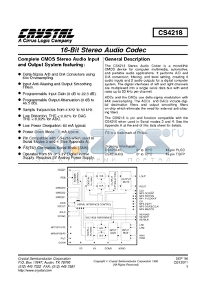 CS4218 datasheet - 16-Bit Stereo Audio Codec