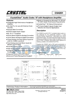 CS4201 datasheet - CrystalClear Audio Codec 97 with headphone Amplifier