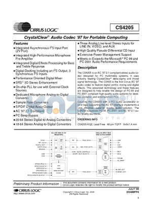 CS4205_05 datasheet - CrystalClear^ Audio Codec 97 for Portable Computing