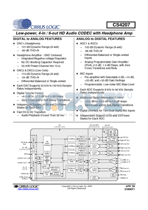 CS4207-DNZ datasheet - Low-power, 4-in / 6-out HD Audio CODEC with Headphone Amp