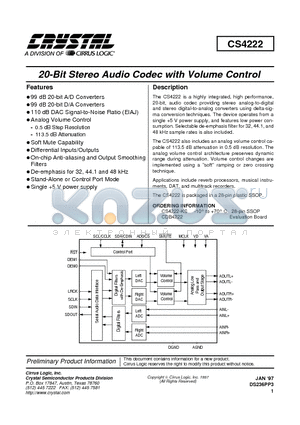 CS4222 datasheet - 20-Bit Stereo Audio Codec with Volume Control