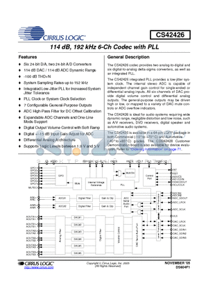 CS42426-DQZR datasheet - 114 dB, 192 kHz 6-Ch Codec with PLL