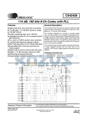 CS42428-DQZ datasheet - 114 dB, 192kHz 8-Ch CODEC WITH PLL