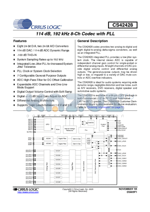 CS42428 datasheet - 114 dB, 192 kHz 8-Ch Codec with PLL