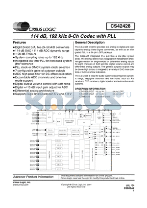 CS42428-CQZ datasheet - 114 dB, 192kHz 8-Ch CODEC WITH PLL