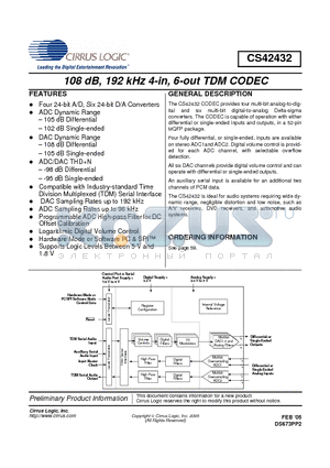 CS42432 datasheet - 108 dB, 192 kHz 4-in, 6-out TDM CODEC