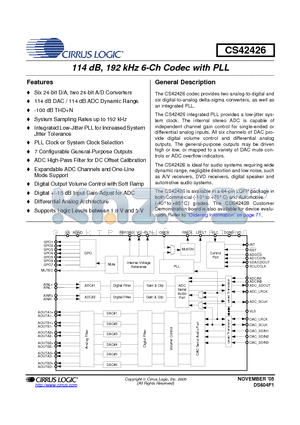 CS42426-CQZR datasheet - 114 dB, 192 kHz 6-Ch Codec with PLL