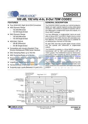 CS42435 datasheet - 108 dB, 192 kHz 4-In, 8-Out TDM CODEC