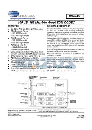 CS42436-CMZ datasheet - 108 dB, 192 kHz 6-in, 6-out TDM CODEC