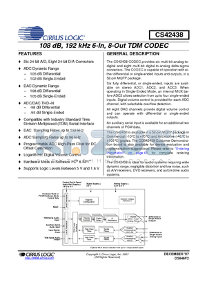 CS42438-DMZR datasheet - 108 dB, 192 kHz 6-In, 8-Out TDM CODEC