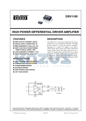 DRV1100U datasheet - HIGH POWER DIFFERENTIAL DRIVER AMPLIFIER