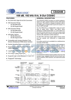 CS42448-DQZ datasheet - 108 dB, 192 kHz 6-In, 8-Out CODEC