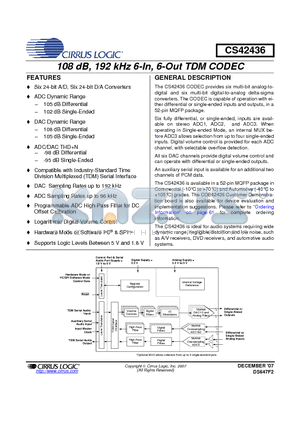 CS42436-CMZR datasheet - 108 dB, 192 kHz 6-In, 6-Out TDM CODEC