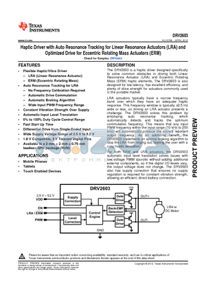 DRV2603RUNT datasheet - Haptic Driver with Auto Resonance Tracking for Linear Resonance Actuators (LRA) and Optimized Drive for Eccentric Rotating Mass Actuators (ERM)