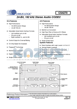 CS4270-CZZR datasheet - 24-Bit, 192 kHz Stereo Audio CODEC
