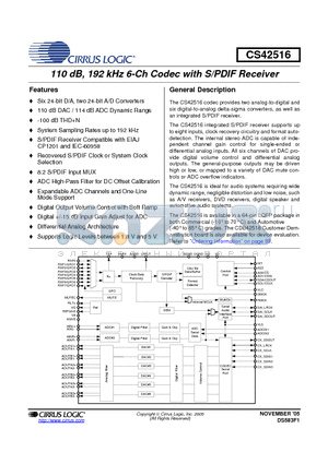 CS42516-DQZR datasheet - 110 dB, 192 kHz 6-Ch Codec with S/PDIF Receiver
