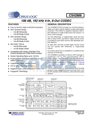 CS42888-DQZR datasheet - 108 dB, 192 kHz 4-In, 8-Out CODEC