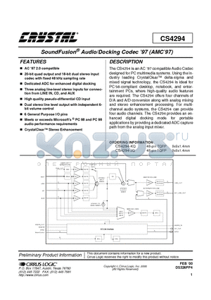 CS4294-KQ datasheet - SoundFusion Audio/Docking Codec 97 (AMC 97)