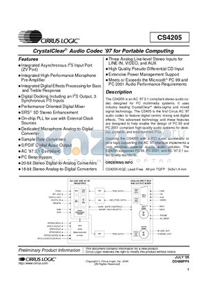 CS4297A datasheet - CrystalClear^ Audio Codec 97 for Portable Computing