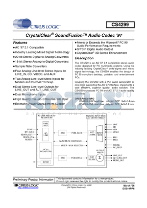 CS4299-KQZ datasheet - CrystalClear SoundFusion Audio Codec 97