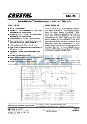 CS4298-KQ datasheet - SoundFusion Audio/Modem Codec 97 (AMC 97)