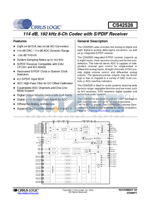 CS42528 datasheet - 114 dB, 192 kHz 8-Ch Codec with S/PDIF Receiver