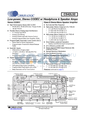 CS42L52-DNZR datasheet - 2Low-power, Stereo CODEC w/ Headphone & Speaker Amps