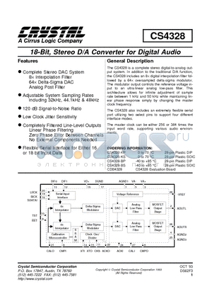 CS4328 datasheet - 18-Bit, Stereo D/A Converter for Digital Audio