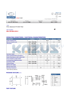 861-RF1842.5M-C datasheet - PCN, Balanced RF SAW Filter